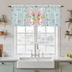 Easter Kitchen Tier Curtains 24 Inch Long 2 Panel Set,Rod Pocket Cafe Small Window Curtains Over Sink,Spring Rabbits Ears Feet Flowers Wooden Grain Light Filtering Short Drapes 27.5"W x 24"L