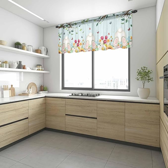 Easter Sheer Valances for Windows 54"x18", Light Filtering Kitchen Curtains Valance, Spring Watercolor Eggs Tulip Wooden Grain Teal Rod Pocket Chiffon Curtains for Living Room Bedroom Cafe