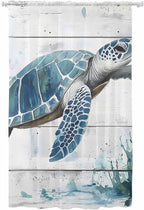 Sheer Curtains 108 Inches Long, Teal Green Sea Turtle Semi Sheer Curtains Light Filtering Window Treatment, Summer Ocean Vintage Wood Grain Privacy Voile Drapes for Living Room Bedroom 52x108 Inch