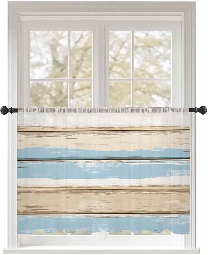 Sheer Curtains 54 Inch Length, Vintage Geometric Blue Semi Sheer Curtains Light Filtering Window Treatment, Abstract Country Shabby Wood Grain Privacy Voile Drapes for Living Room Bedroom 52x54 Inch