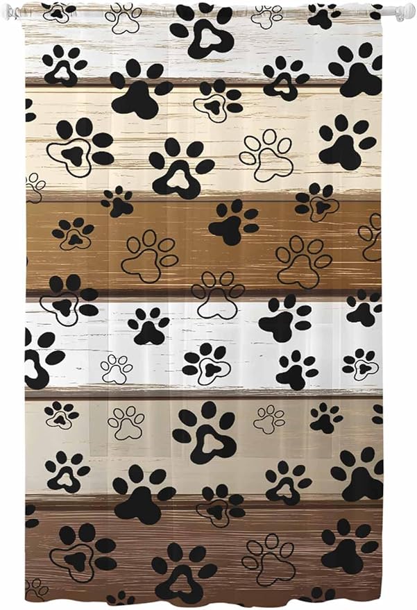Sheer Curtains 84 Inches Long, Brown Beige Farmhouse Semi Sheer Curtains Light Filtering Window Treatment, Black Dog Paw Vintage Wooden Privacy Voile Drapes for Living Room Bedroom 52x84 Inch