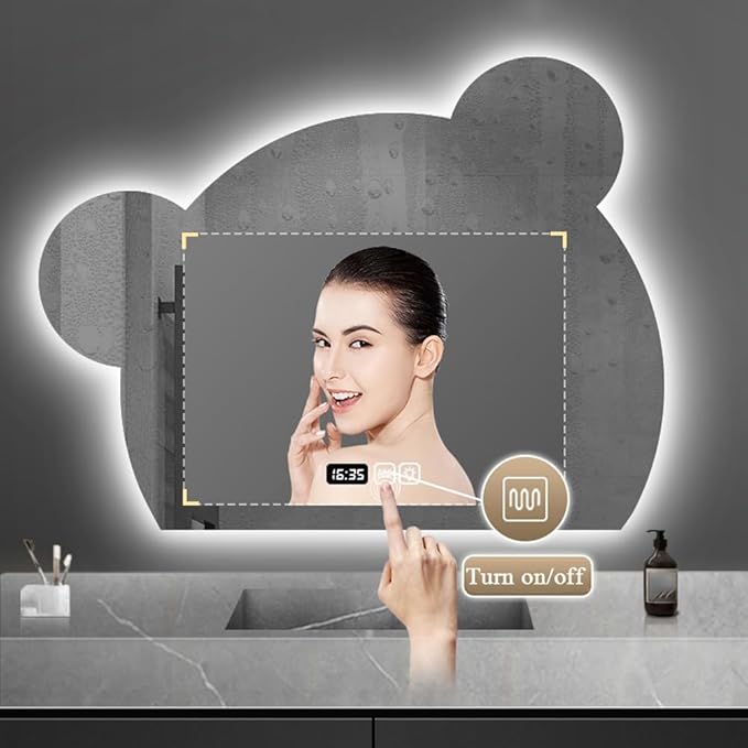 LTSRLL LED Vanity Mirror Cute Bear Decorative Mirror for Bathroom & Dressing Tabler Backlight Wall Mirror with 3 Color Dimmable Light Demister Pad Human Body Sensor Switch(Cut Down,60cmx75cm)