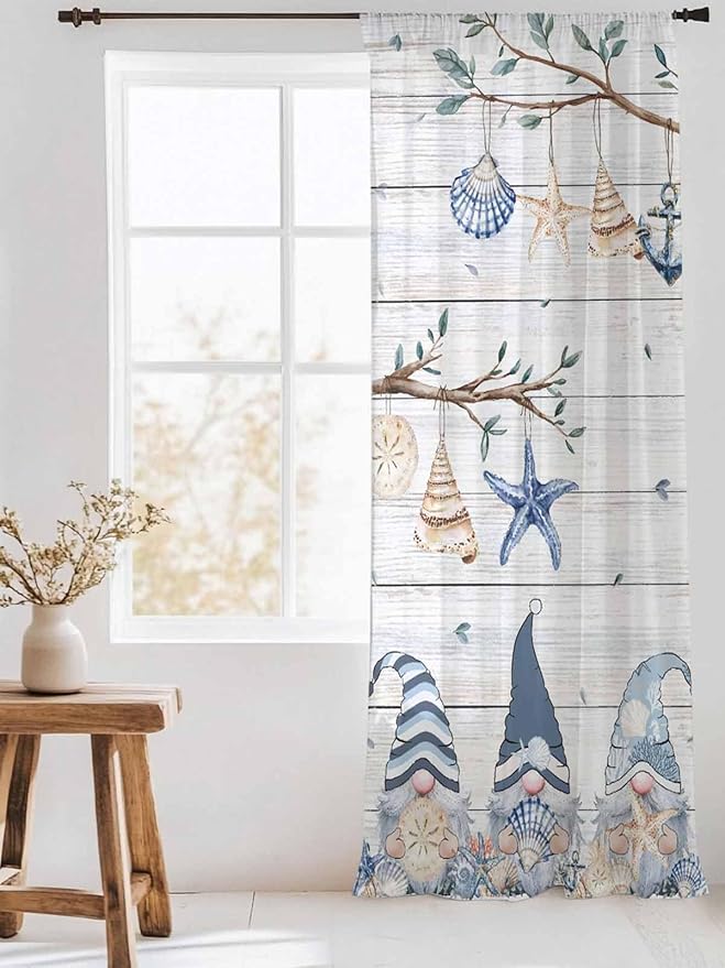 Sheer Curtains 96 Inches Long, Coastal Eucalyptus Semi Sheer Curtains Light Filtering Window Treatment, Ocean Blue Gnomes Starfish Leaf Wood Grain Privacy Voile Drapes for Living Room 52x96 Inch