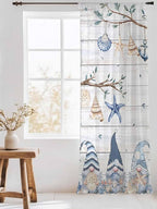 Sheer Curtains 108 Inches Long, Coastal Eucalyptus Semi Sheer Curtains Light Filtering Window Treatment, Ocean Blue Gnomes Starfish Leaf Wood Grain Privacy Voile Drapes for Living Room 52x108 Inch