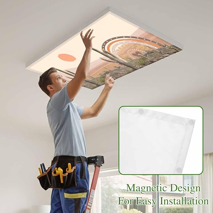 Fluorescent Light Covers for Ceiling Lights Cactus Desert Magnetic Light Filters 1 Pack 4x2 ft Sun Mountain Rainbow Bohemian Style Ceiling Lights Cover for Classroom Office School Home Drop Lamp Decor
