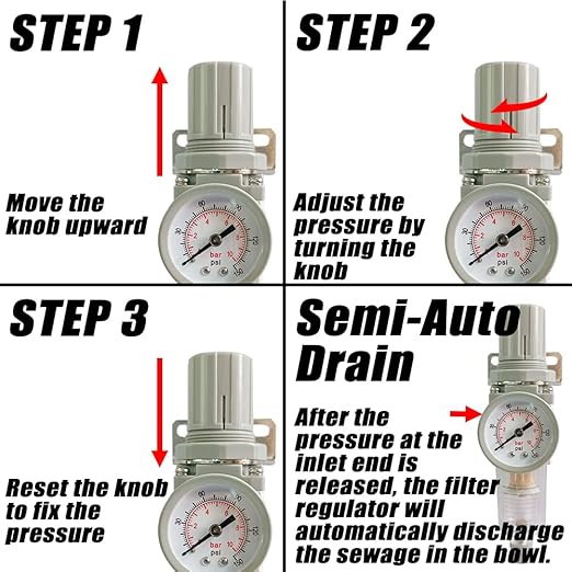 3/8" NPT Air Filter Pressure Regulator Combo Water Separator for Air Compressor Line Semi-Auto Drain 5 Micron Brass Element 0-150 psi Gauge