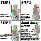 3/8" NPT Air Filter Pressure Regulator Combo Water Separator for Air Compressor Line Semi-Auto Drain 5 Micron Brass Element 0-150 psi Gauge