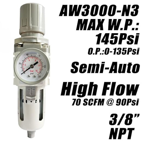3/8" NPT Air Filter Pressure Regulator Combo Water Separator for Air Compressor Line Semi-Auto Drain 5 Micron Brass Element 0-150 psi Gauge