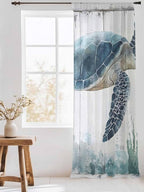 Sheer Curtains 84 Inches Long, Sea Turtle Teal Blue Semi Sheer Curtains Light Filtering Window Treatment, Summer Coastal Ocean Wood Grain Privacy Voile Drapes for Living Room Bedroom 52x84 Inch
