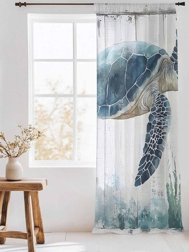 Sheer Curtains 84 Inches Long, Sea Turtle Teal Blue Semi Sheer Curtains Light Filtering Window Treatment, Summer Coastal Ocean Wood Grain Privacy Voile Drapes for Living Room Bedroom 52x84 Inch