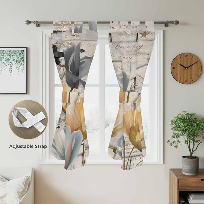 Spring Tulips Flower Bathroom Curtains 63 Inch Length, Window Curtains Tab Top, Vintage Floral Barn Doors Rustic Beige Light Filtering Window Treatments Drapes 52"x63" 2 Panel