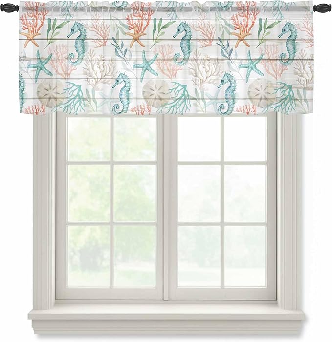 Teal Seahorse Starfish Sheer Valance Curtains, Summer Beach Coral Shell Board Light Filtering Kitchen Valances Rod Pocket Voile Curtain Window Treatment for Bedroom/Living Room/Basement 60Wx18L