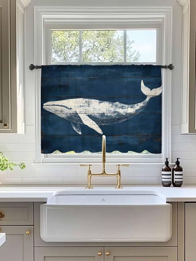 Sheer Curtains 54 Inch Length, Summer Whale Semi Sheer Curtains Light Filtering Window Treatment, Ocean Vintage Wooden Grain Blue Privacy Voile Drapes for Living Room Bedroom 52x54 Inch