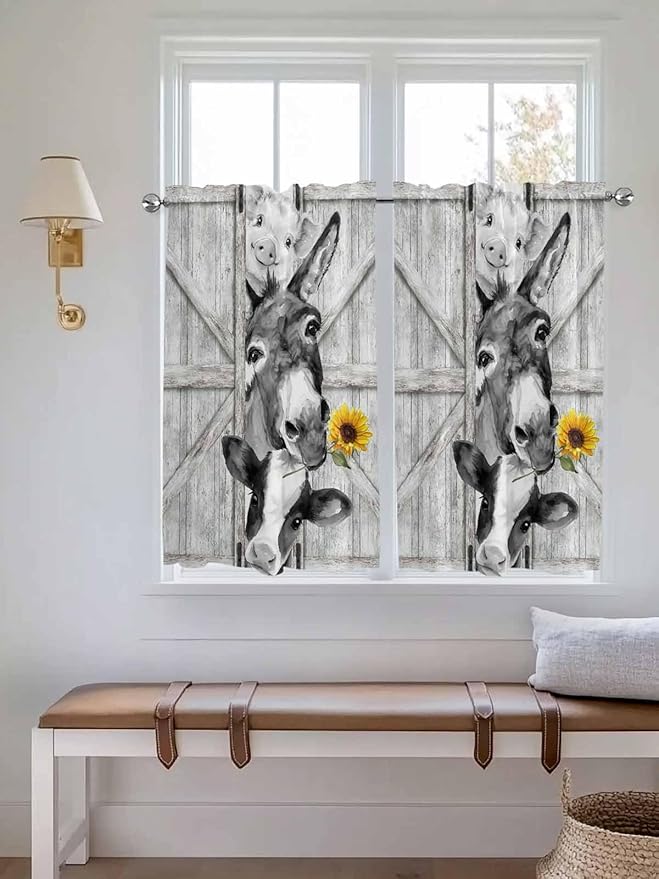 Grey Farmhouse Kitchen Curtains 54 Inches Length, Vintage Sunflowers Animals Printed Window Treatment Curtain Drapes, Decorative Window Curtains for Bedroom Cafe, 52"x54", 2 Panels