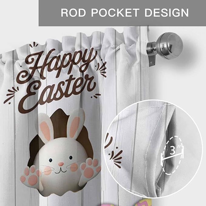 Grey Easter Curtain Valances for Windows, Kitchen Valance Window Treatment, Spring Cartoon Bunny Colorful Eggs Wood Grain Light Filtering Block Curtains for Bathroom/Bedroom/Living Room 60'' x 18''