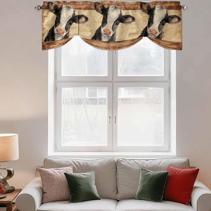 Farmhouse Cow Tie Up Valance Curtains for Windows, Kitchen Curtains Window Shades, Country Vintage Animals Wooden Grain Light Filtering Roman Curtain Valances for Bedroom/Bathroom/Cafe 42"x12"