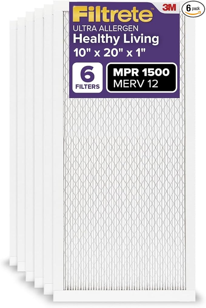 Filtrete 10x20x1 AC Furnace Air Filter, MERV 12, MPR 1500, CERTIFIED asthma & allergy friendly, 3 Month Pleated 1-Inch Electrostatic Air Cleaning Filter, 6-Pack (Actual Size 9.81x19.81x0.78 in)