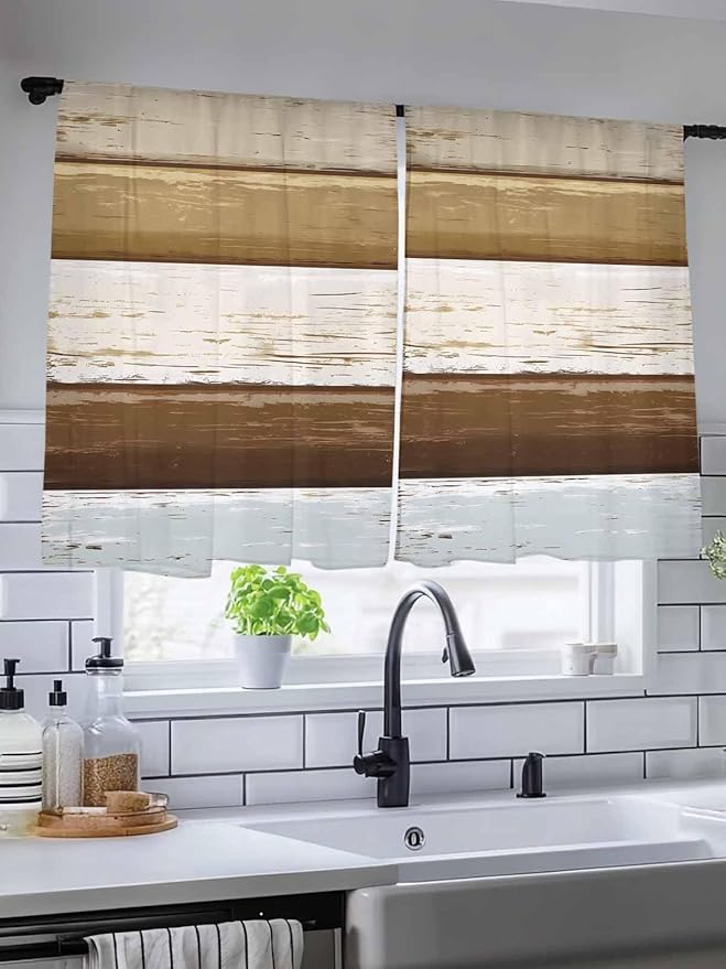 Sheer Curtains 54 Inch Length, Wood Grain Brown Semi Sheer Curtains Light Filtering Window Treatment, Farmhouse Vintage Country Geometric Privacy Voile Drapes for Living Room Bedroom 52x54 Inch
