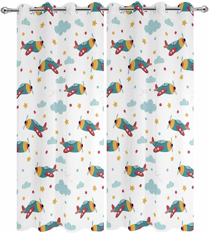 Turquoise Airplane Waterproof Outdoor Curtains for Patio,Windproof Weatherproof Curtains with Weighted Hem,Modern Art Cartoon Aircraft Clouds Light Filtering Privacy Drapes for Porch 54"x 95" 2 Panels
