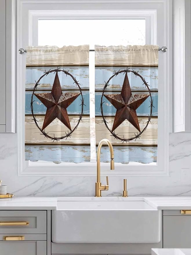 Vintage Western Star on Wood Grain Window Valance Curtains, Retro Wooden Texture Light Filtering Kitchen Valance with 3-inch Rod Pocket for Living Room Bathroom Bedroom,2 Panel,27.5x45In