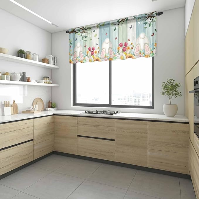 Easter Sheer Valances for Windows 60"x18", Light Filtering Kitchen Curtains Valance, Spring Watercolor Eggs Country Tulip Wooden Grain Rod Pocket Chiffon Curtains for Living Room Bedroom Cafe
