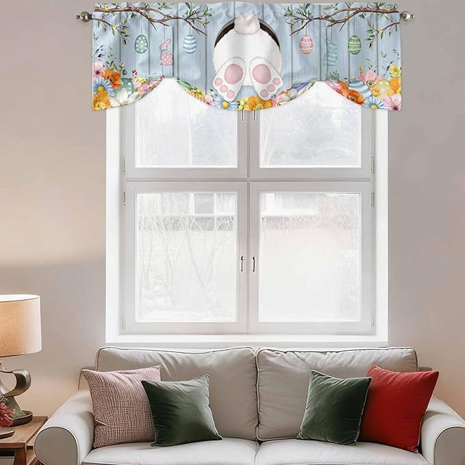 Easter Tie Up Valance Curtains for Windows, Kitchen Curtains Window Shades, Spring Watercolor Bunny Eggs Flower Wood Grain Blue Light Filtering Roman Curtain Valances for Bedroom/Bathroom/Cafe 42"x18"