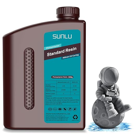 SUNLU 3D Printer Resin 2kg, Fast Curing Standard 3D Resin for Most Resin 3D Printers, 395 to 405nm UV Curing 3D Printing Liquid Photopolymer Resin, Low Shrinkage and High Precision, 2000g, Dark Grey