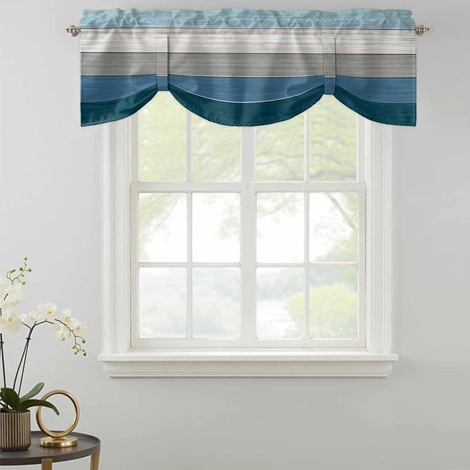 Blue Ombre Wooden Tie Up Valance Curtains for Windows, Kitchen Curtains Window Shades, Farmhouse Retro Wood Gradient Light Filtering Roman Curtain Valances for Bedroom/Bathroom/Cafe 54"x18"