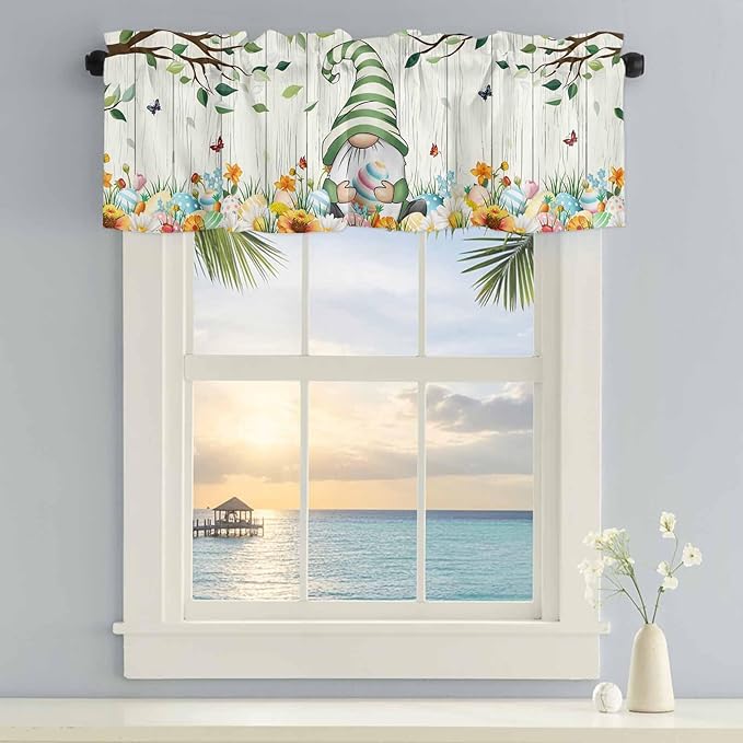 Easter Gnomes Curtain Valances for Windows, Kitchen Valance Window Treatment, Spring Watercolor Eggs Flower Wood Grain Light Filtering Block Curtains for Bathroom/Bedroom/Living Room 42'' x 12''