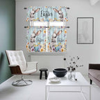 Happy Easter Kitchen Curtains Set 3 Piece for Windows,Rod Pocket Valance and Tier Set 36 Inch Length,Spring Grey Bunny Colorful Eggs Flower Blue Light Filtering Cafe Curtains for Living Room