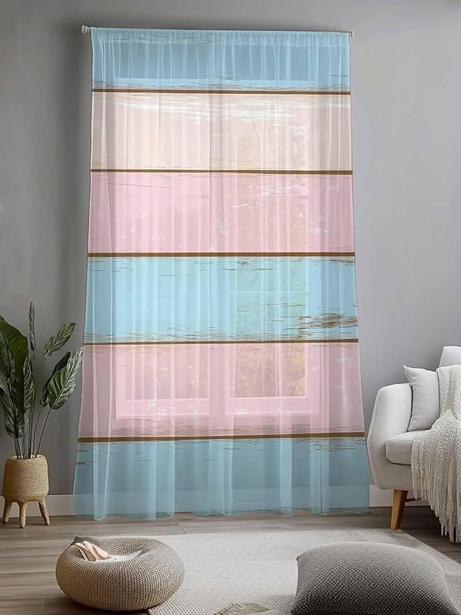 Sheer Curtains 108 Inches Long, Pink Blue Wood Grain Semi Sheer Curtains Light Filtering Window Treatment, Farmhouse Country Shabby Striped Privacy Voile Drapes for Living Room Bedroom 52x108 Inch