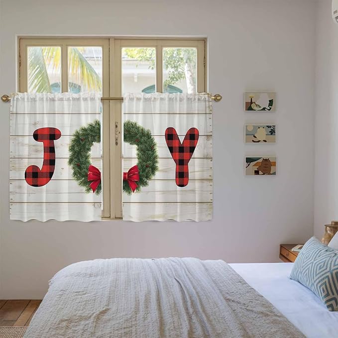 Christmas Wreaths Kitchen Curtains 54 Inch Long 2 Panel Set,Rod Pocket Window Curtains Panels,Winter Bow Plaid Farmhouse Wooden Grain Light Filtering Privacy Draperies for Bedroom Laundry 42"W x 54"L