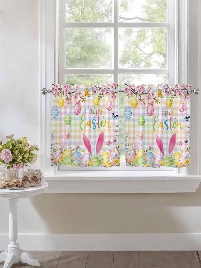 Happy Easter Half Window Curtain 36 Inches Long, Spring Bunny Colorful Eggs Flower Plaid Window Treatment Curtain Drapes, Small Tier Curtains for Bathroom Over Sink, 27.5"x36", 2 Panels