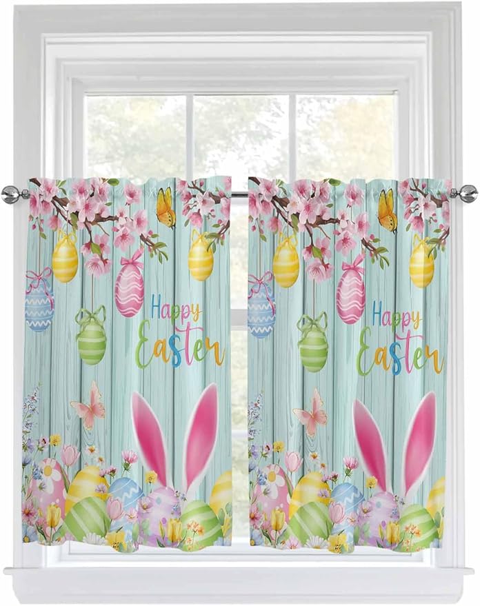 Happy Easter Kitchen Curtains 54 Inches Length, Spring Bunny Eggs Flower Teal Wood Grain Window Treatment Curtain Drapes, Decorative Window Curtains for Bedroom Cafe, 52"x54", 2 Panels
