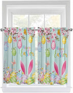 Happy Easter Kitchen Curtains 54 Inches Length, Spring Bunny Eggs Flower Teal Wood Grain Window Treatment Curtain Drapes, Decorative Window Curtains for Bedroom Cafe, 52"x54", 2 Panels