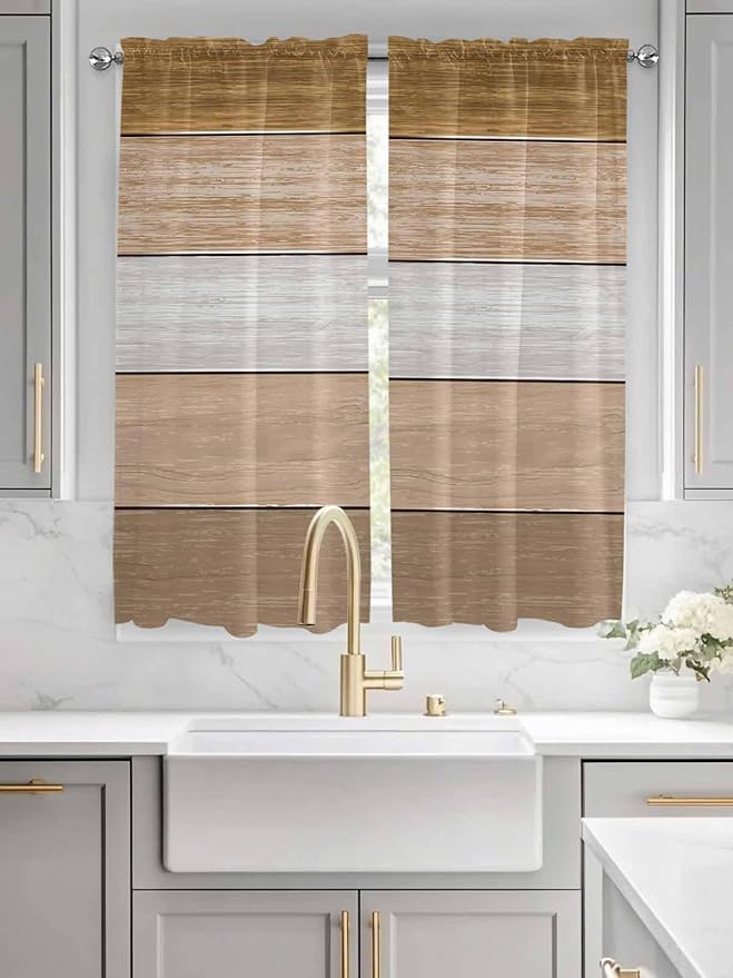 Retro Farm Wood Board Window Valance Curtains, Brown Graduality Striped Light Filtering Kitchen Valance with 3-inch Rod Pocket for Living Room Bathroom Bedroom,2 Panel,52x72In