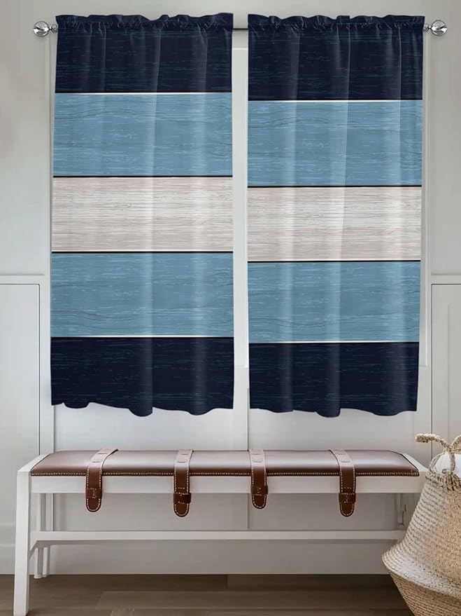 Vintage Country Woodcuts Window Valance Curtains, Blue Gradient Striped Light Filtering Kitchen Valance with 3-inch Rod Pocket for Living Room Bathroom Bedroom,2 Panel,42x63In