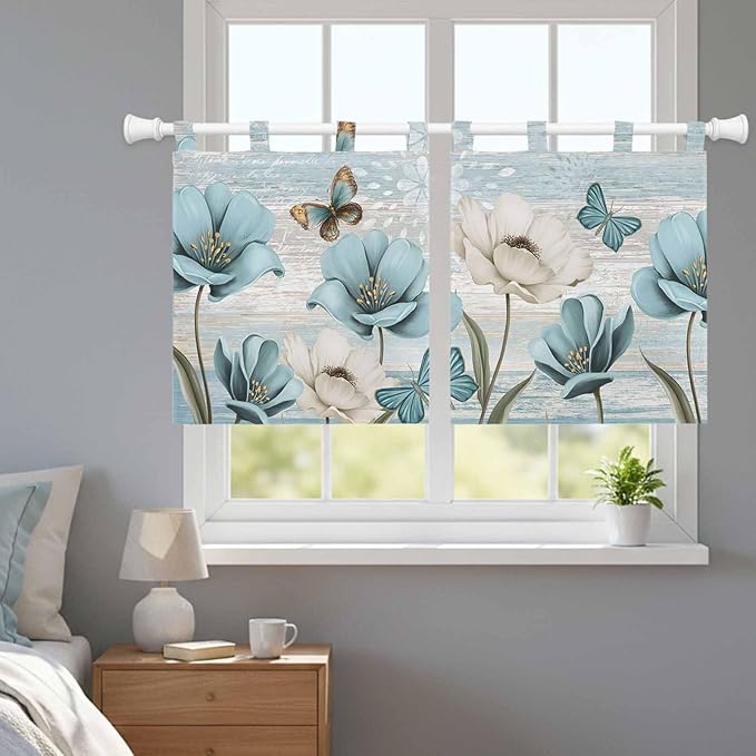 Spring Floral Kitchen Curtains 36 Inch Length, Small Window Curtains Tab Top, Vintage Tulips Flower Butterfly Retro Wood Blue Light Filtering Short Window Treatments Tier Drapes 27.5"x36" 2 Panel