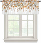 Spring Summer Flowers Sheer Valance Curtains, Vintage Watercolor Orange Floral Leaf Plant Light Filtering Kitchen Valances Rod Pocket Voile Curtain Treatment for Bedroom/Living Room/Basement 42Wx12L