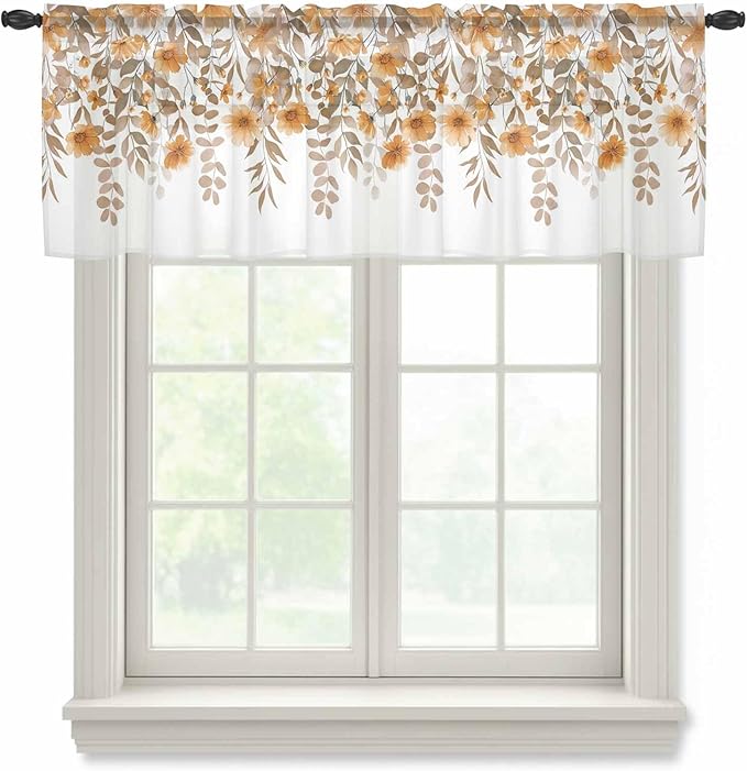 Spring Summer Flowers Sheer Valance Curtains, Vintage Watercolor Orange Floral Leaf Plant Light Filtering Kitchen Valances Rod Pocket Voile Curtain Treatment for Bedroom/Living Room/Basement 42Wx18L