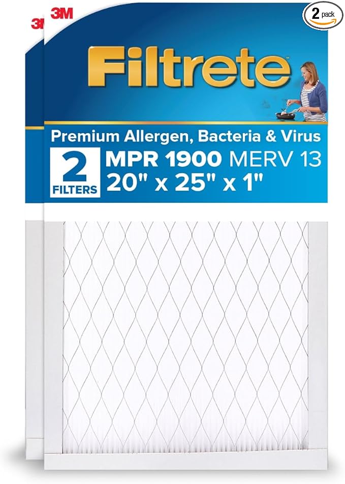 Filtrete 20x25x1 AC Furnace Air Filter, MERV 13, MPR 1900, Premium Allergen, Bacteria & Virus Filter, 3-Month Pleated 1-Inch Electrostatic Air Cleaning Filter, 2-Pack (Actual Size 19.69x24.69x0.78 in)
