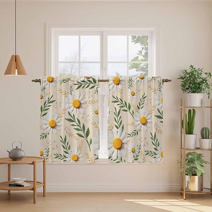 Spring Daisy Kitchen Curtains, Country Watercolor Flower Leaf Plant Light Filtering Window Curtain Panels, 2Pcs Rod Pocket Window Treatments Set for RV Dining Room Study Room 42x54 Inches