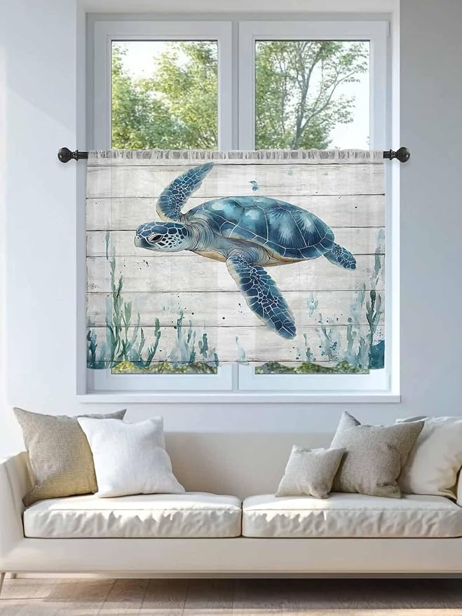 Sheer Curtains 54 Inch Length, Teal Green Ocean Turtle Semi Sheer Curtains Light Filtering Window Treatment, Coastal Seaweed Wood Grain Privacy Voile Drapes for Living Room Bedroom 52x54 Inch