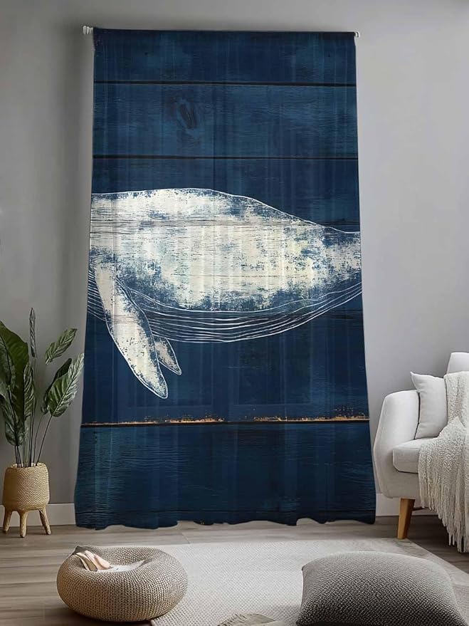 Sheer Curtains 108 Inches Long, Summer Whale Semi Sheer Curtains Light Filtering Window Treatment, Ocean Watercolor Wooden Grain Blue Privacy Voile Drapes for Living Room Bedroom 52x108 Inch