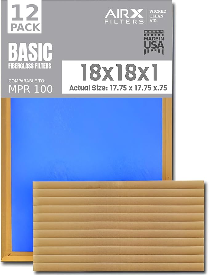 18x18x1 Air Filter Comparable to MPR 100 Basic Economy Furnace Filters, 12 Pack of Non Pleated Fiberglass Filter For Dust - Low Airflow Restriction! From AIRX FILTERS WICKED CLEAN AIR.