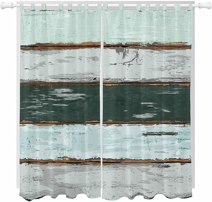 Blue Teal Living Room Curtains 96 Inch Length, Window Curtains Tab Top, Vintage Wooden Retro Art Farmhouse Barns Light Filtering Window Treatments Drapes 52"x96" 2 Panel