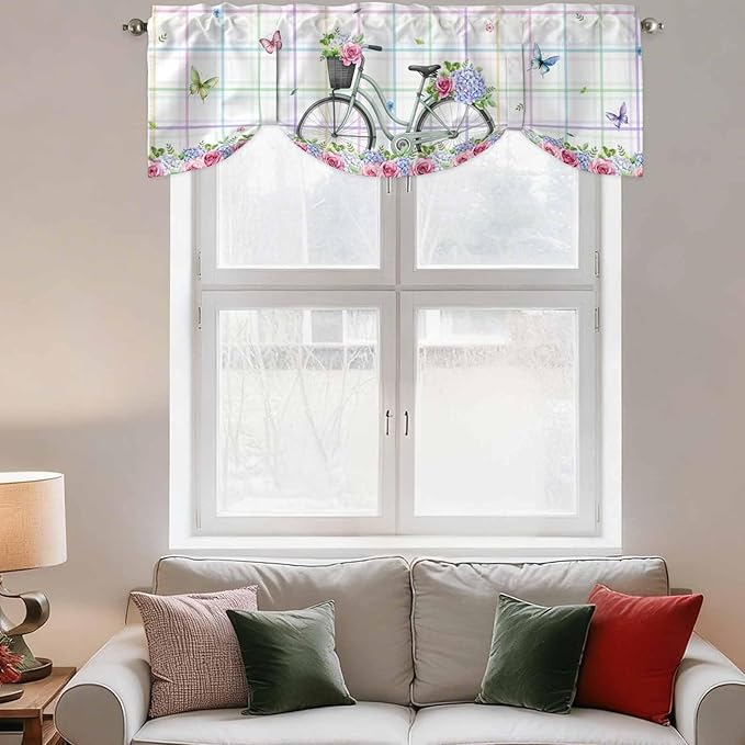 Spring Tie Up Valance Curtains for Windows, Kitchen Curtains Window Shades, Bicycles Botanical Leaves Rose Colorful Stripes Light Filtering Roman Curtain Valances for Bedroom/Bathroom/Cafe 60"x18"