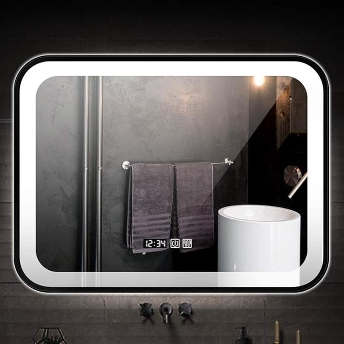 Bathroom Mirror with LED Light and Demister Pad Wall Mounted Mirror Makeup Shaving Mirror Smart Touch Switch (Black 600 * 800mm)