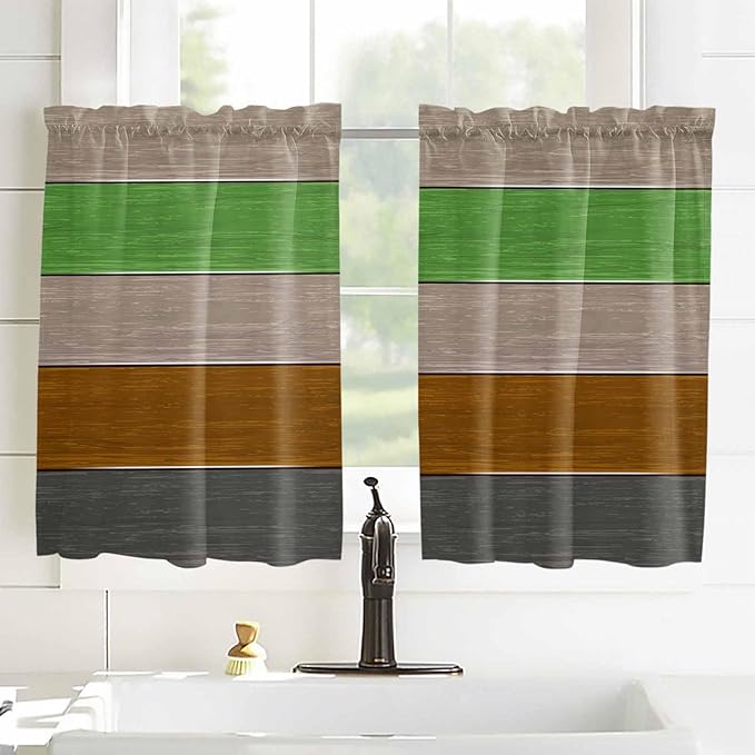 Farm Gray Green Brown Wood Grain Window Valance Curtains, Rustic Wooden Plank Light Filtering Kitchen Valance with 3-inch Rod Pocket for Living Room Bathroom Bedroom,2 Panel,52x54In