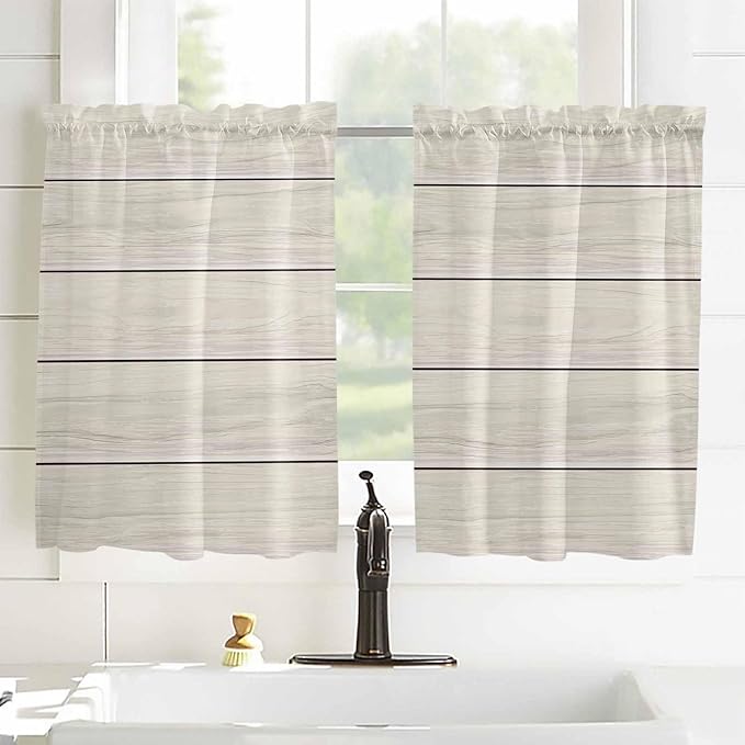 Vintage Country Wooden Board Window Valance Curtains, Gradient Wood Grain Line Light Filtering Kitchen Valance with 3-inch Rod Pocket for Living Room Bathroom Bedroom,2 Panel,42x45In